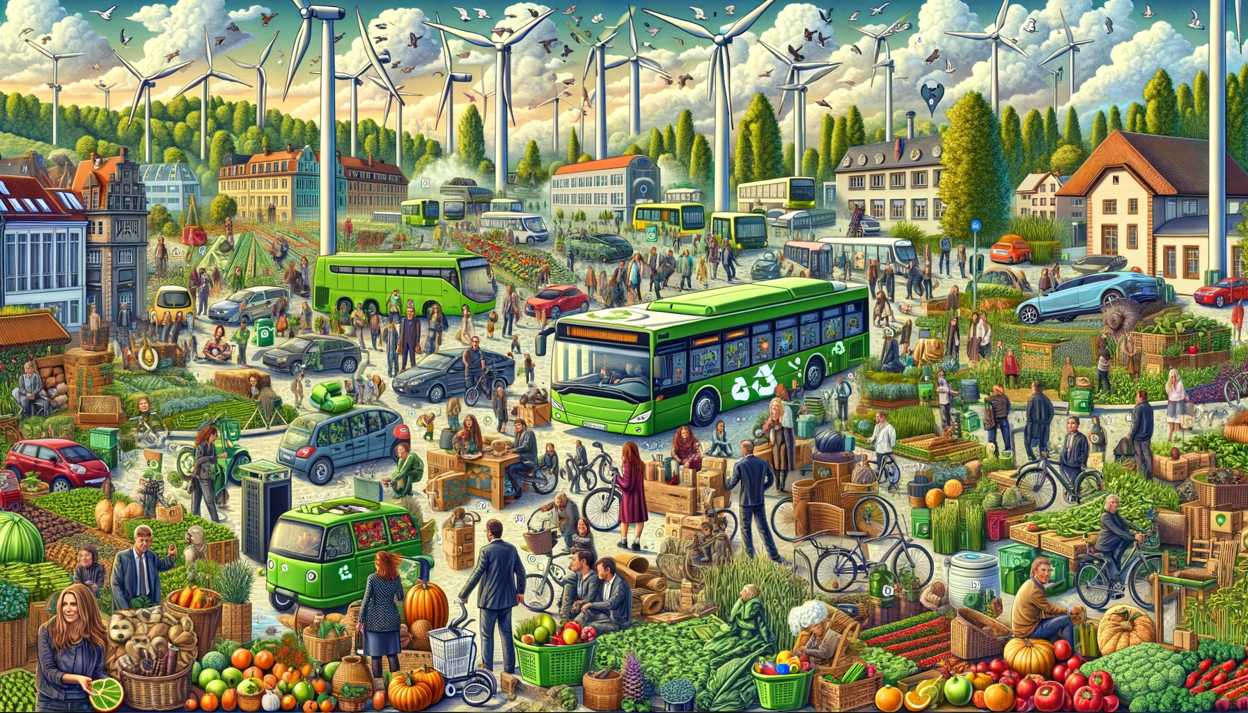 DALL·E 2023-11-14 10.26.03 - A detailed hidden object picture in the style of Ali Midgutsch, representing sustainability in Europe. The scene includes elements of renewable energy 